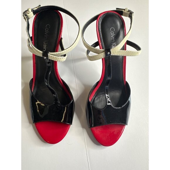 Calvin Klein Womens Black Patent Leather & Red Sole High Heel Sandals With White - Picture 1 of 5
